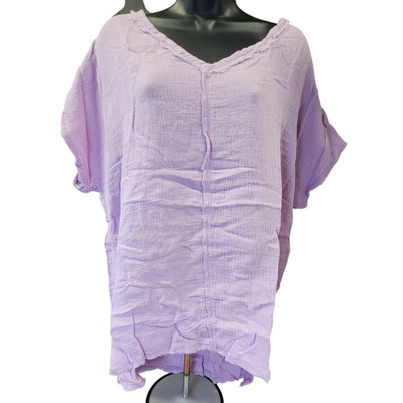 La meil Top Shirt Gauze Short Sleeve V-Neck  Frayed Hem Womens Large NEW - Picture 1 of 9